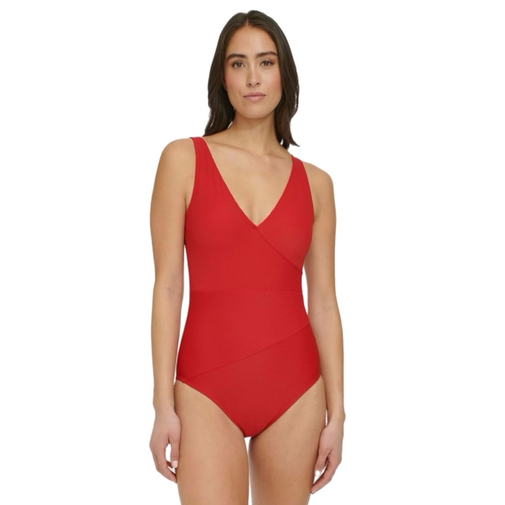 NEW Tommy Hilfiger Wrap Surplice V-Neck UPF 50+ One Piece Compression Swimsuit